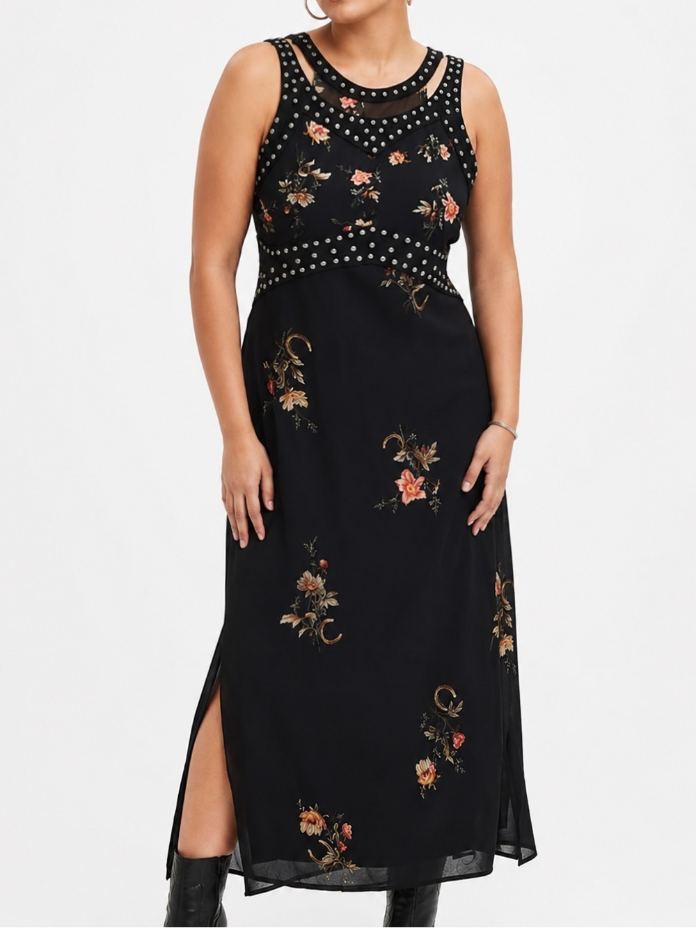 Allsaints Jessie Tanana Dress - Floral Studded Midi with Suede Detail - Like New